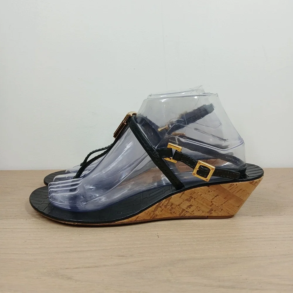 Tory Burch Sandals Women's 8.5 Black Leather Wedge Cork T Strap Thong Summer